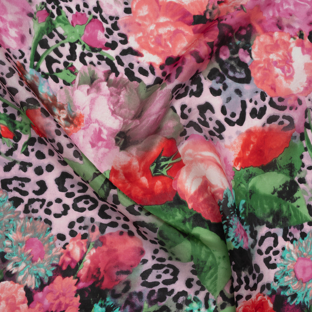 China Silk/Habotai Print - Pink, Green and Black Flowers and Leopard Spots - Deadstock - Joann Fabrics