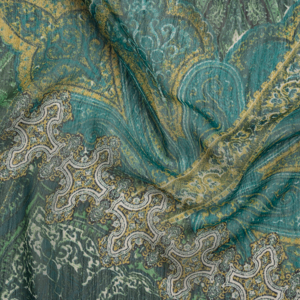 Crinkled Polyester Chiffon Print - Green and Golden Yellow Ornate Paisley Patchwork - Designer Deadstock - Joann Fabrics