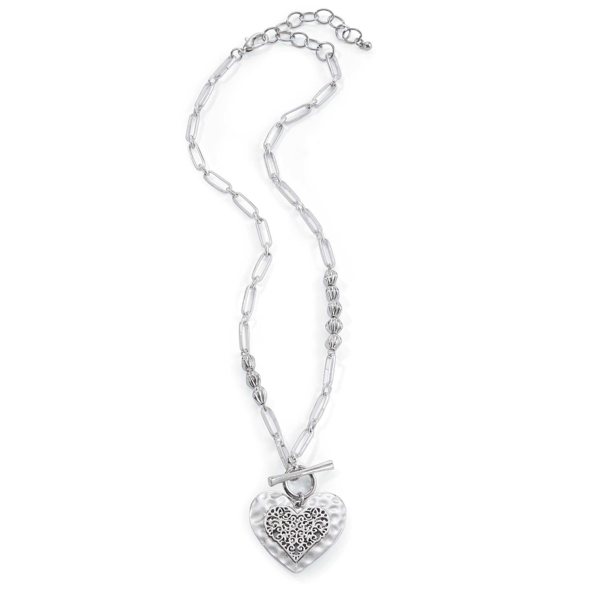 Heart Toggle Necklace, Beaded Link Chain, Silvertone - Northstyle Catalog