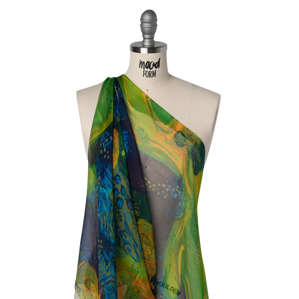 Crinkled Silk Chiffon Print - Green, Yellow and Blue Abstract Florals - Deadstock - Joann Fabrics