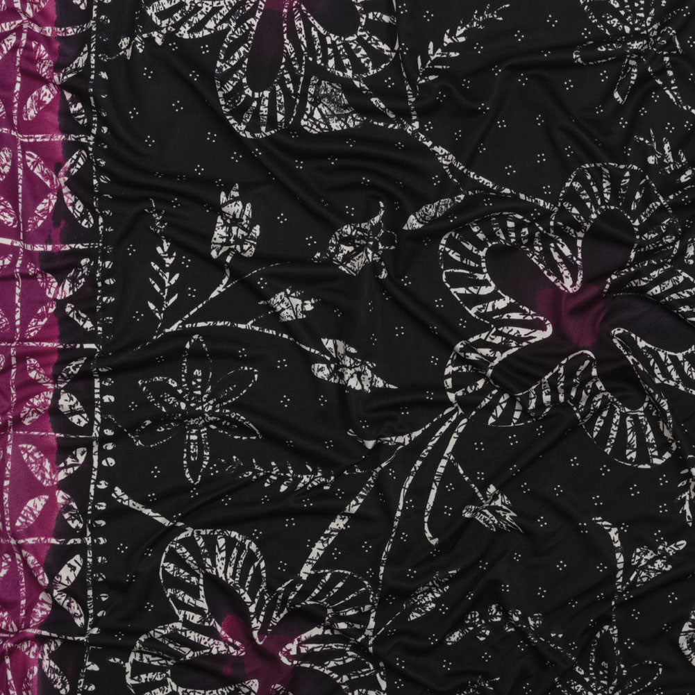 Fuchsia, Black and White Floral and Striped Batik Inspired Silk Interlock Knit - Joann Fabrics