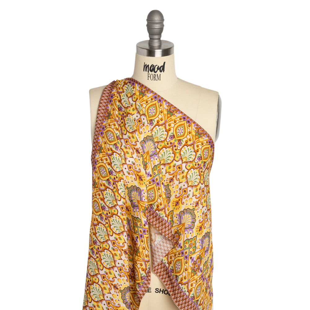 Viscose and Linen Twill Print - Yellow and Orange Stylized Flowers and Chevrons - Mood Exclusive Fashion Floral - Joann Fabrics