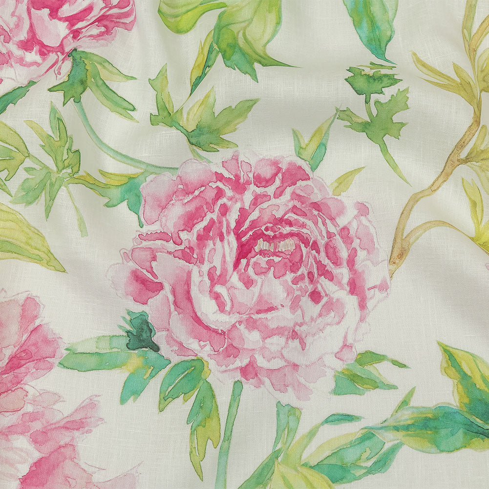 Pink, Green and White Watercolor Roses Medium Weight Linen Woven - Joann Fabrics