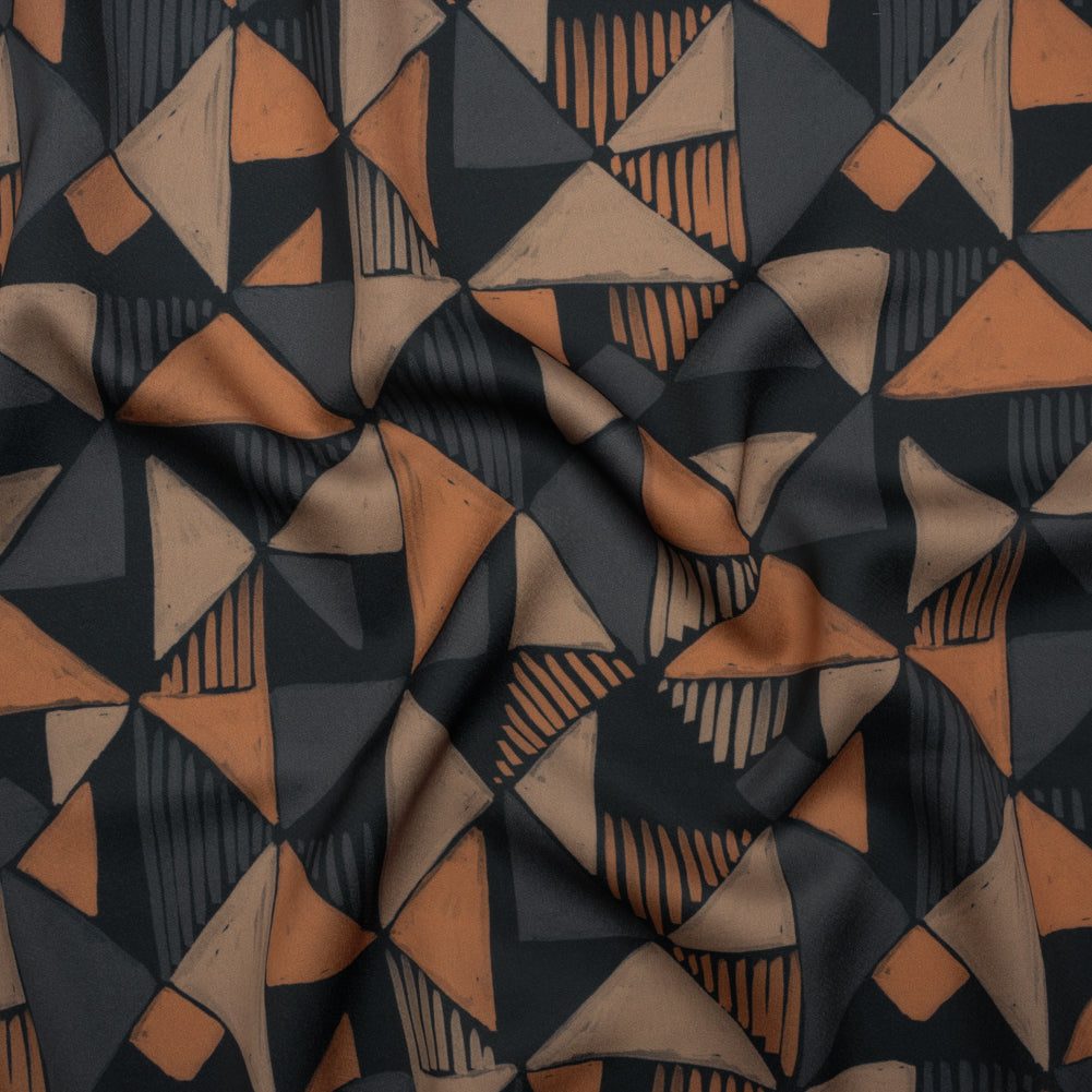 Polyester Crepe-Back Satin - Midnight, Taupe and Burnt Orange Painterly Triangles - Mood Exclusive Fractured Forms Print - Joann Fabrics