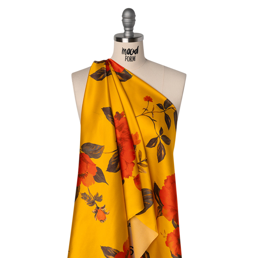 Silk Charmeuse Print 16MM, Made in Italy - Golden Yellow and Red Scattered Roses - Joann Fabrics