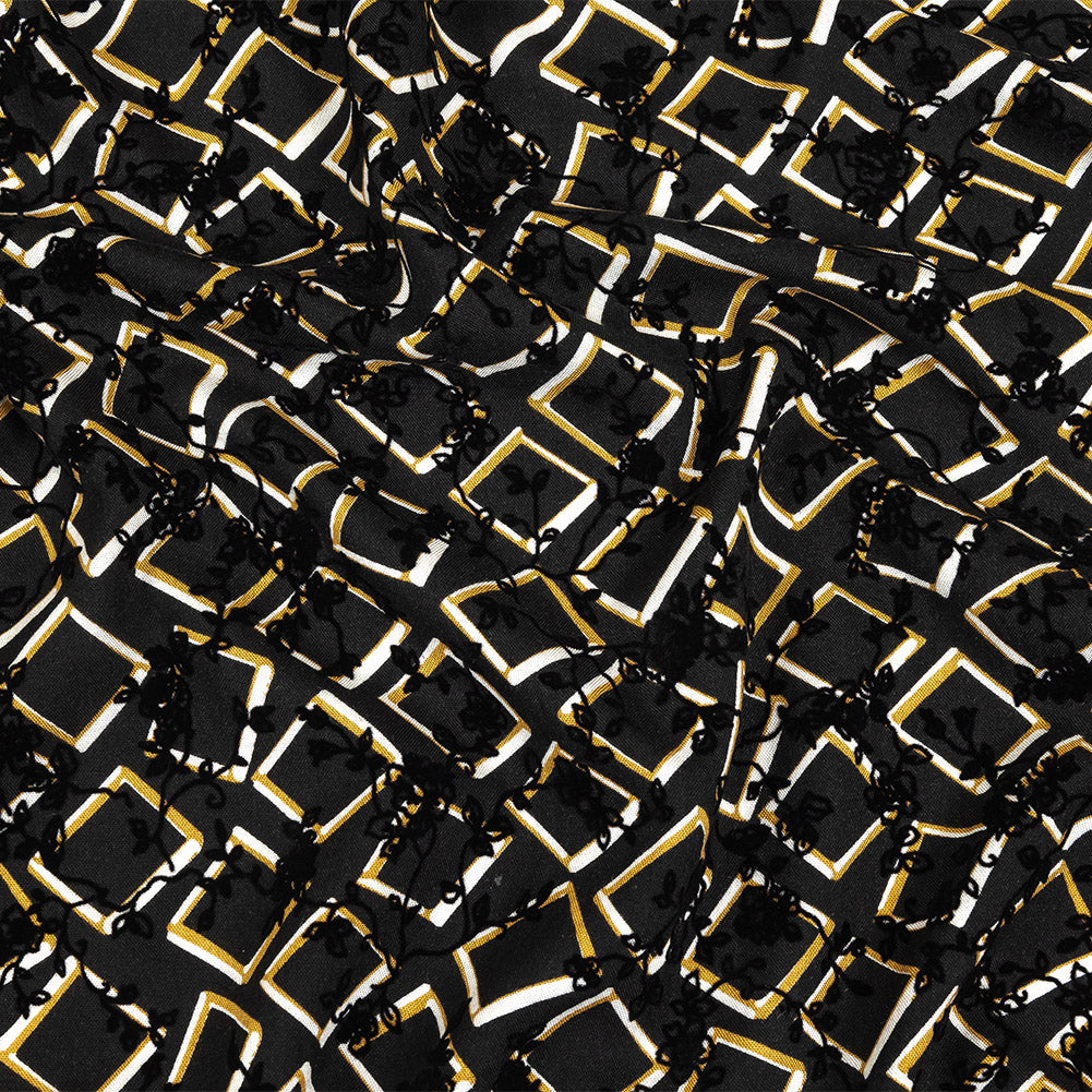 Black, White and Spruce Yellow Flocked Florals on Tossed Squares Printed Viscose Woven - Joann Fabrics
