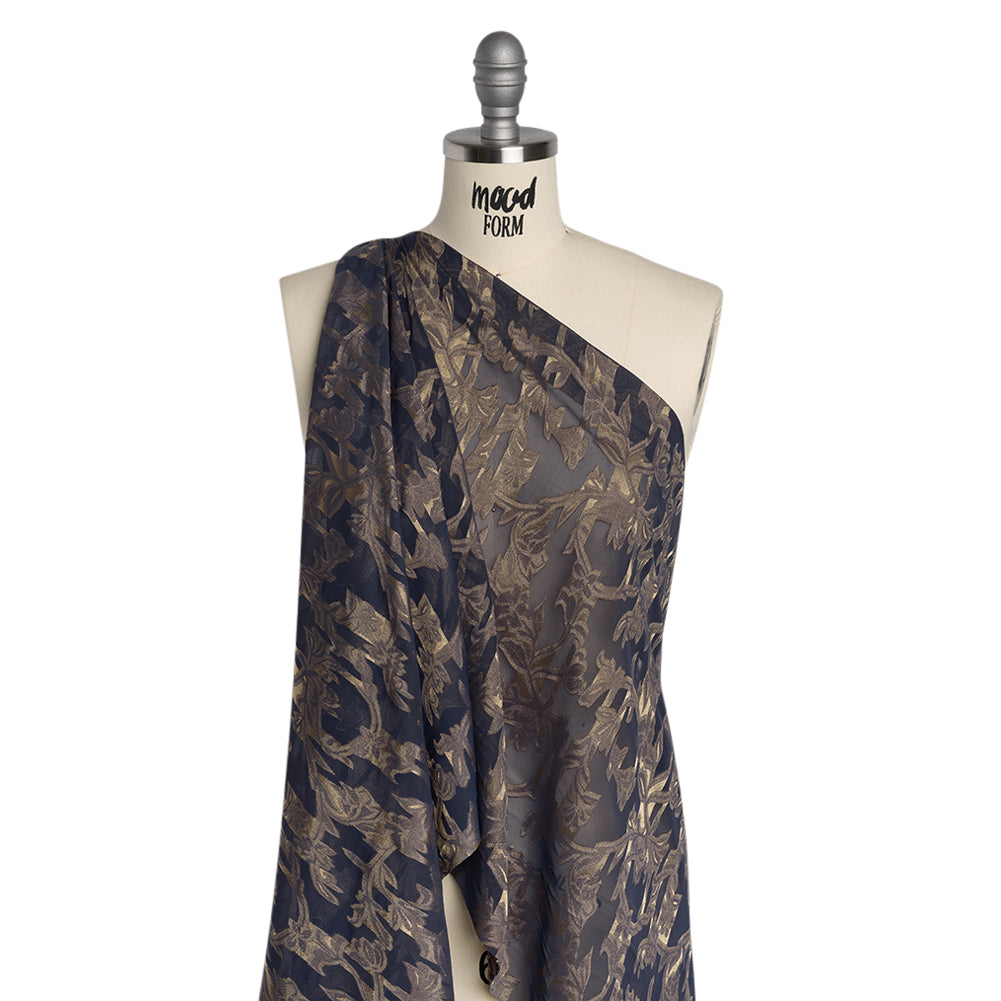Polyester Burnout Brocade - Navy Blue and Gold Classical Floral Vines - Designer Deadstock - Joann Fabrics