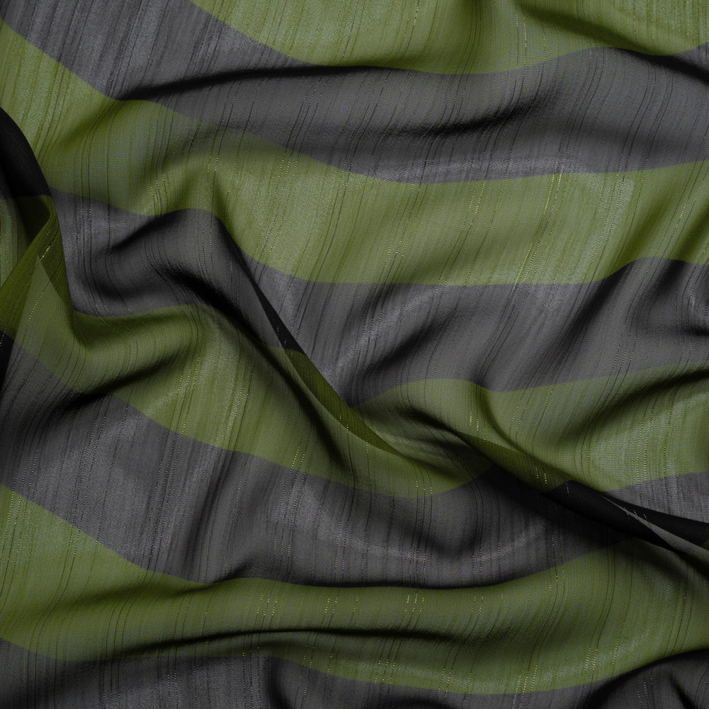 Polyester Chiffon Print with Metallic Pinstripes - Green and Black Wavy Stripes - Mood Exclusive Delray Daze - Joann Fabrics