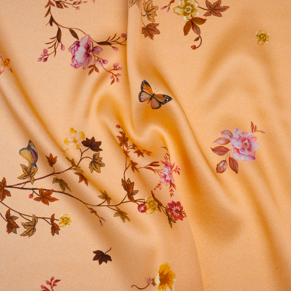 Silk Charmeuse Print 16MM, Made in Italy - Peach Ombre with Pink and Brown Floral Borders - Joann Fabrics