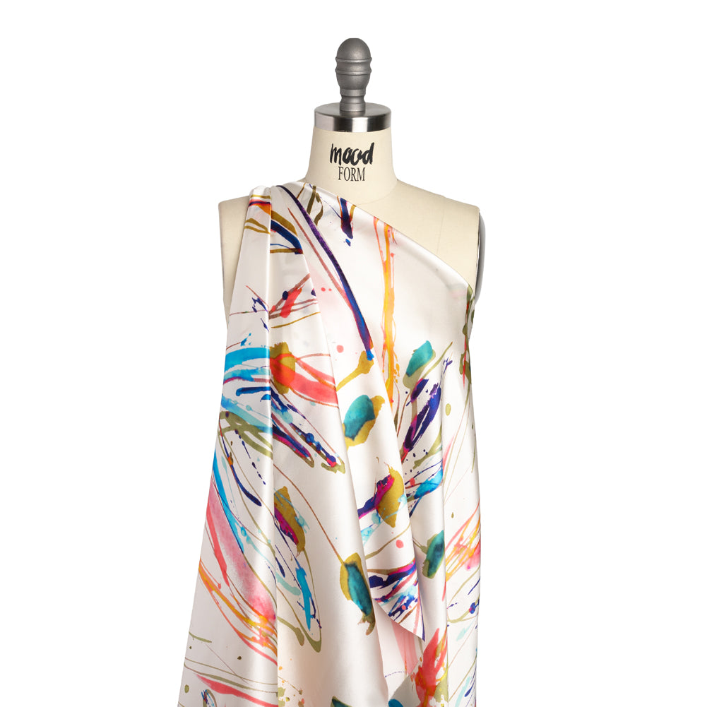 Silk Charmeuse Print - White and Rainbow Paint Streaks and Splatters - Made in Italy - Joann Fabrics