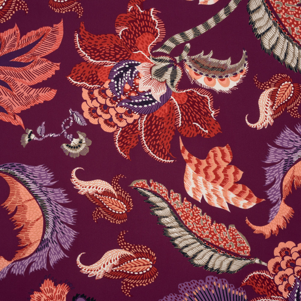 Polyester Crepe Print - Berry, Coral Pink, and Purple Jacobean Floral - Designer Deadstock - Joann Fabrics