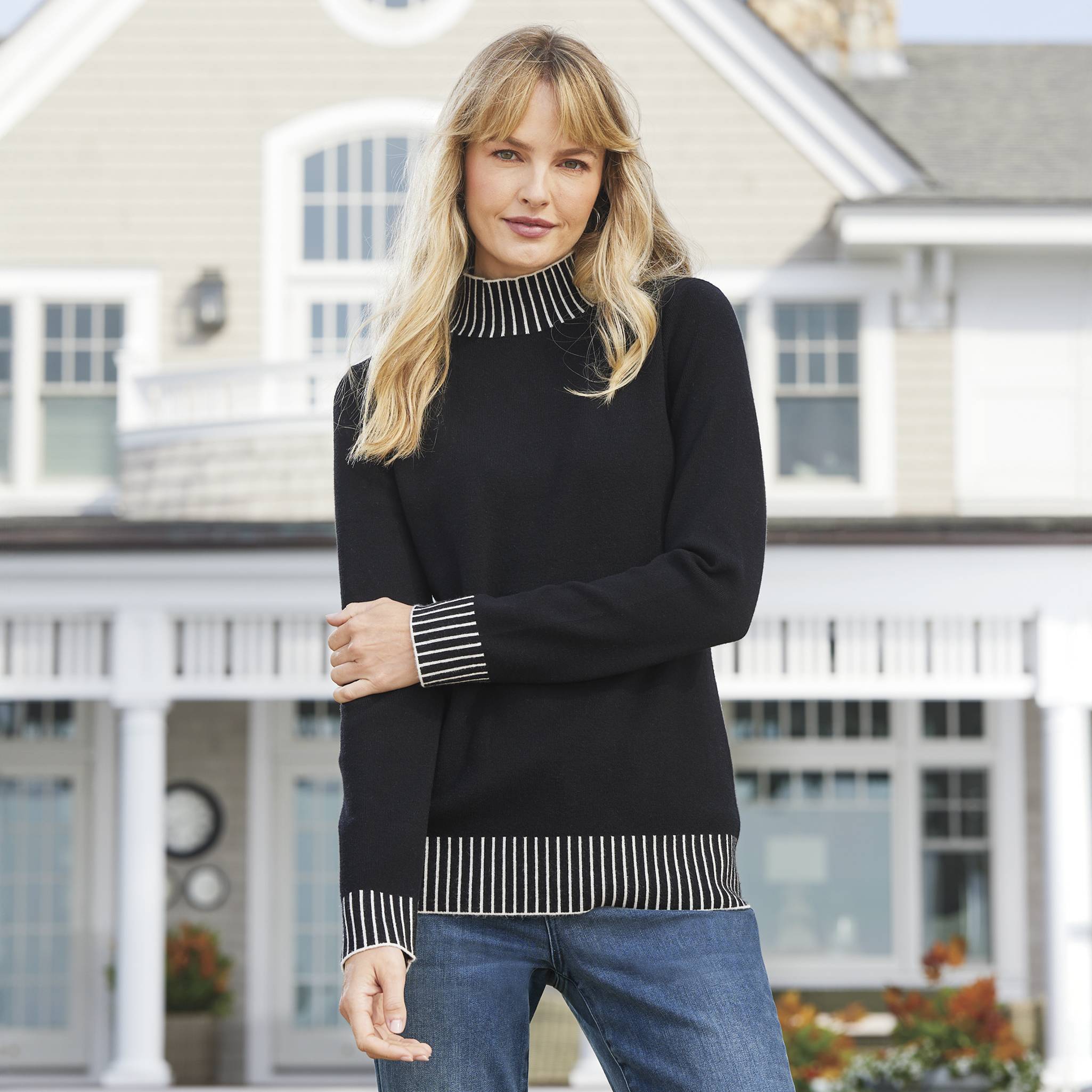 Contrast Mockneck Sweater, Double-Knit Stripe Trim - Northstyle Catalog