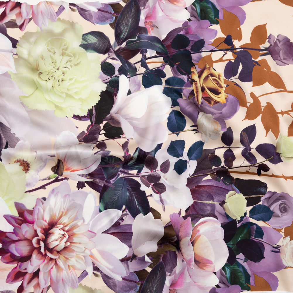 Mood Exclusive Italian Brown, Evening Rose and Mint Floral Border Digitally Printed Silk Charmeuse - Joann Fabrics