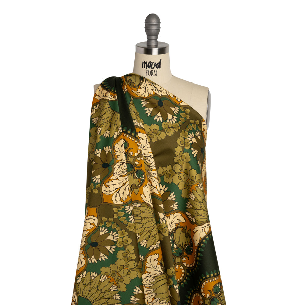 Stretch Cotton Sateen - Olive Green, Teal and Mango Orange Wavy Floral Stripes - Nymph’s Harvest Print - Mood Exclusive Acadia Collection - Joann Fabrics