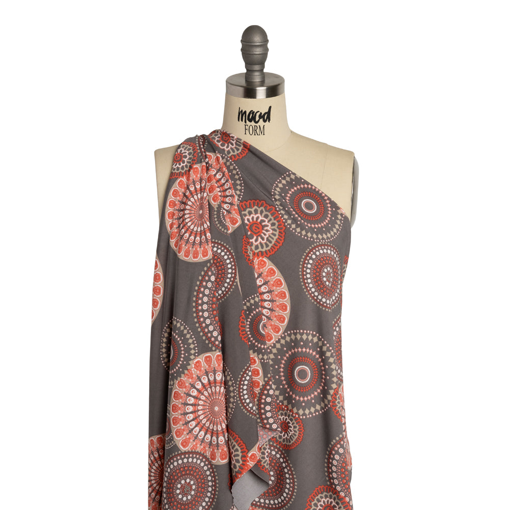 Stretch Polyester Tricot with Puffy Print - Gray, Coral Red and White Circle Medallions - Designer Deadstock - Joann Fabrics