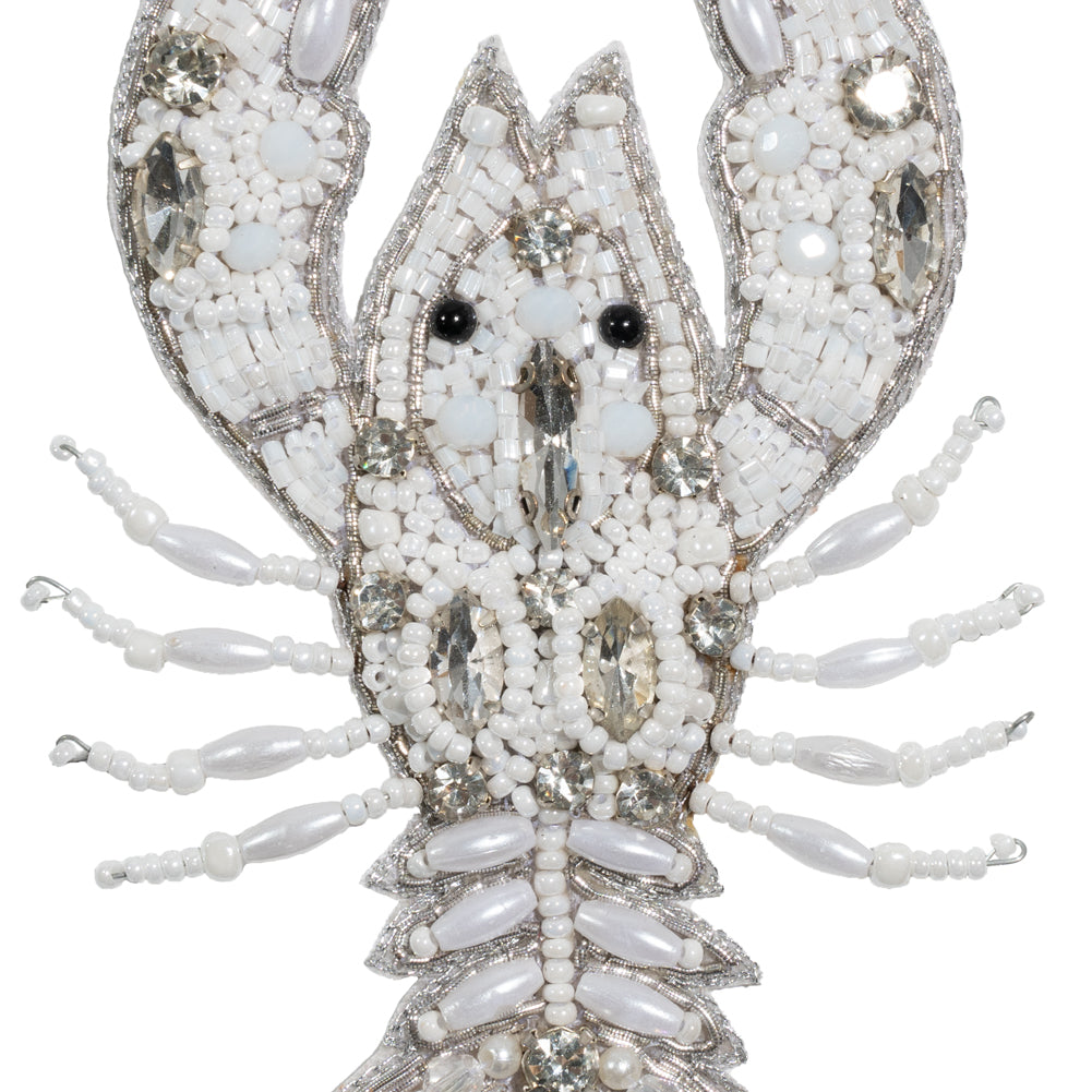 White and Silver Lobster Rhinestone and Glass Beaded Applique - 4.25