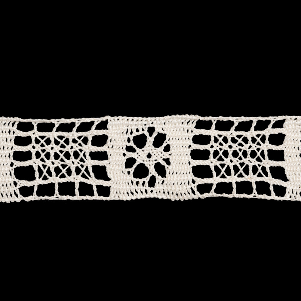 French Off White Flower and Lattice Squares Cotton Cluny Lace Trim - 1.25
