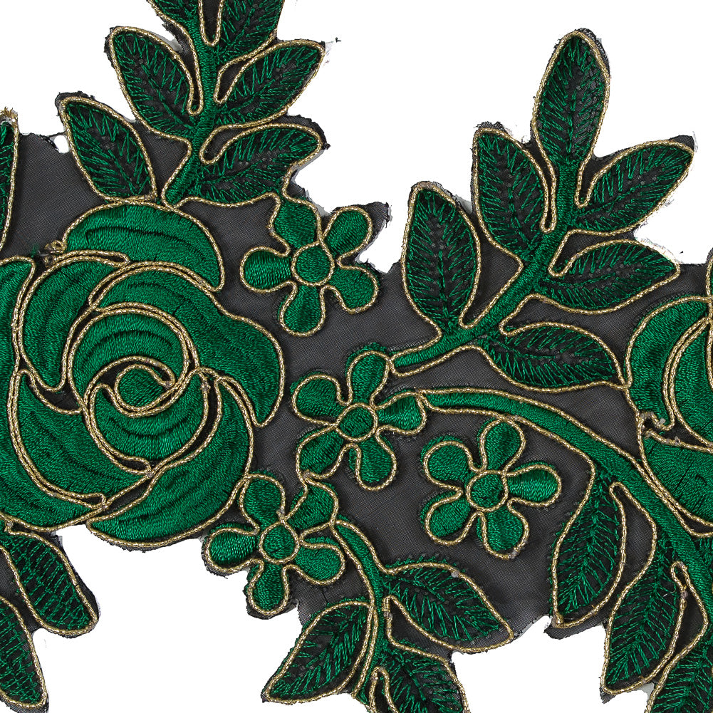 Metallic Gold and Emerald Re-Embroidered Floral Organza Trim - 6