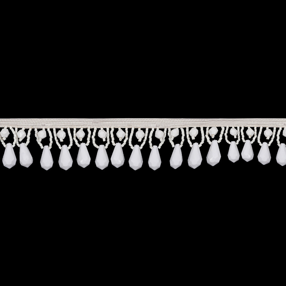 Vintage Ivory and Chalk White Teardrops and Seed Beaded Fringe Trim - 1.375