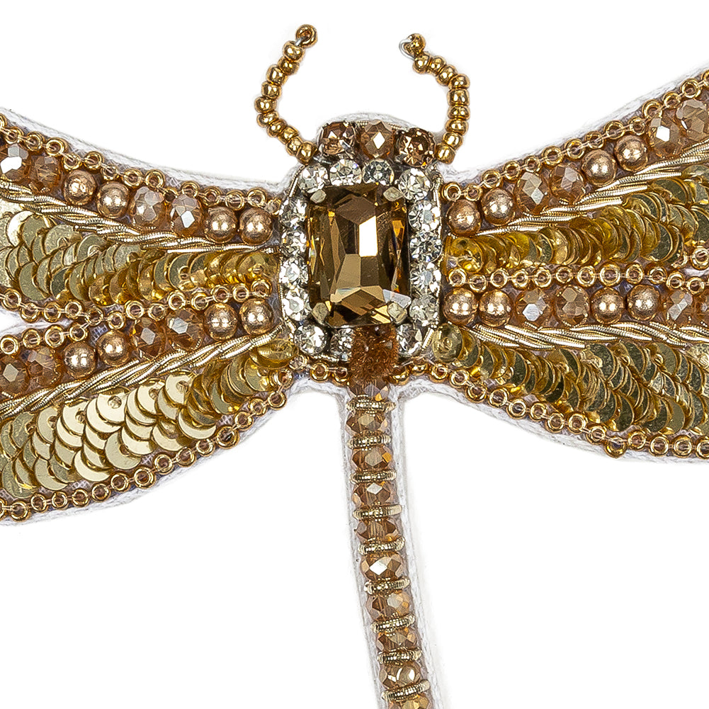 Gold and Champagne Dragonfly Rhinestone and Glass Beaded Applique - 3.25