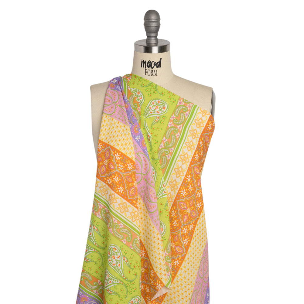 Viscose Crepe Print - Purple, Lime Green and Orange Floral and Paisley Stripes - Mood Exclusive Lessons in Lilac - Joann Fabrics