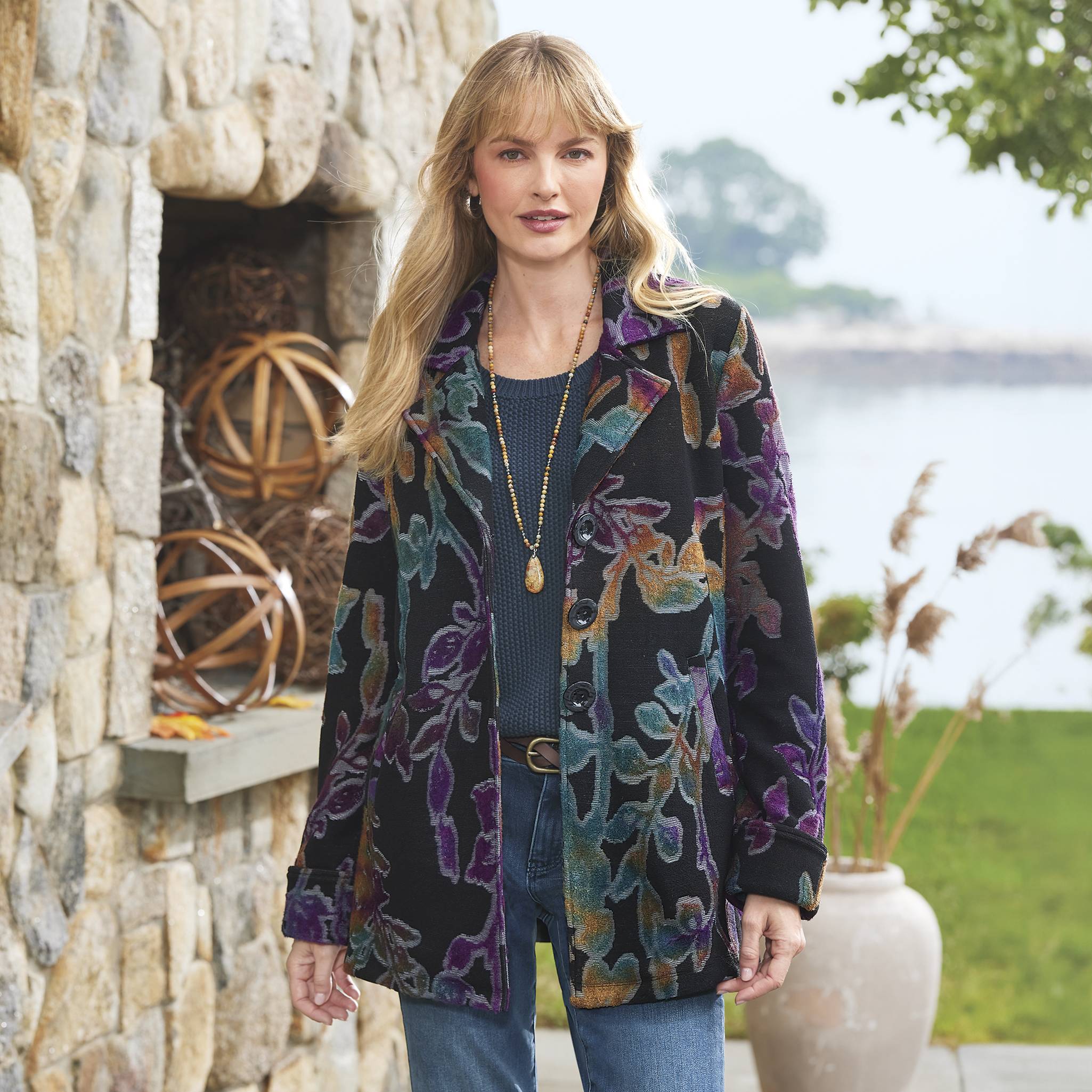 Double-Faced Jacquard Knit Jacket, Button Front, Pockets, Side Slits - Northstyle Catalog