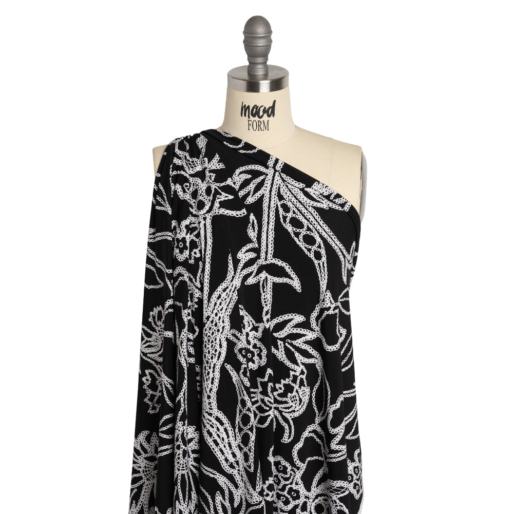 Stretch Polyester Tricot - Black and White Chain Stitch Flowers - Designer Deadstock - Joann Fabrics