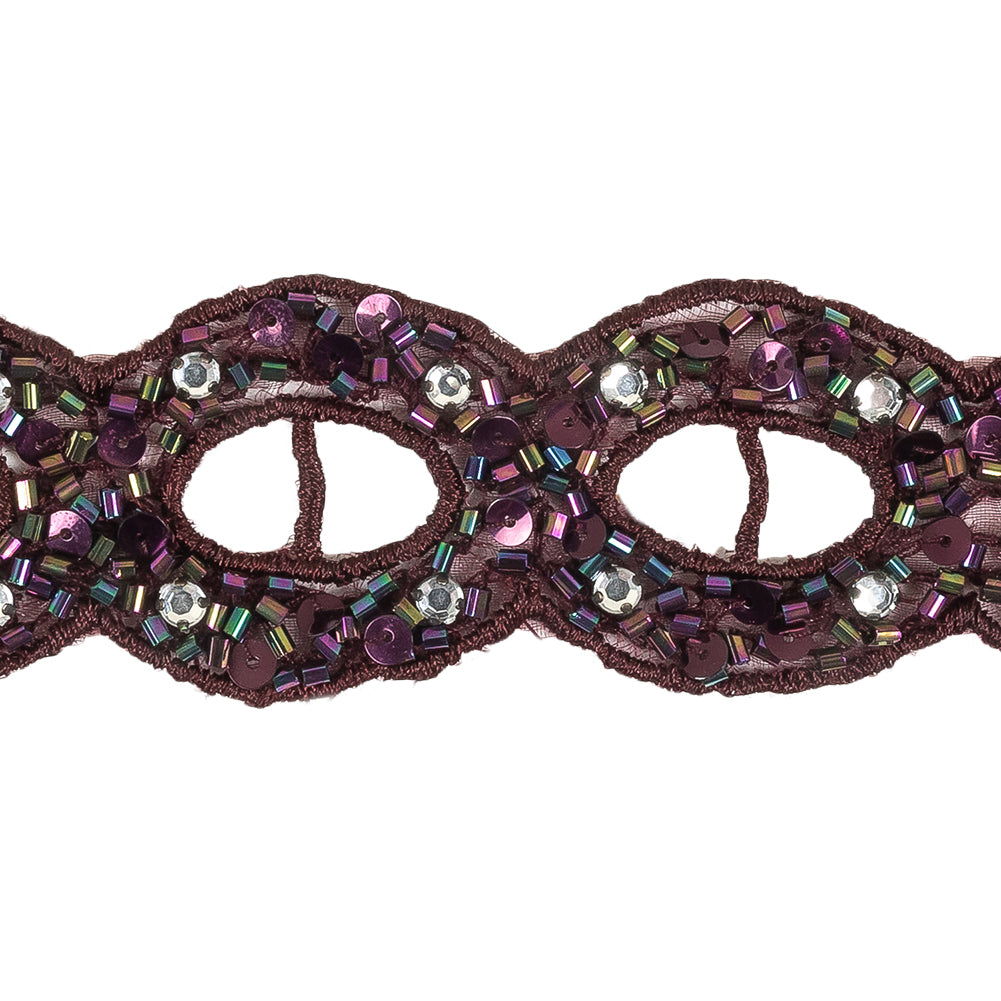 Blackberry Wine and Iridescent Rhinestones, Beads and Sequins Circles Embroidered Mesh Trim - 1.5
