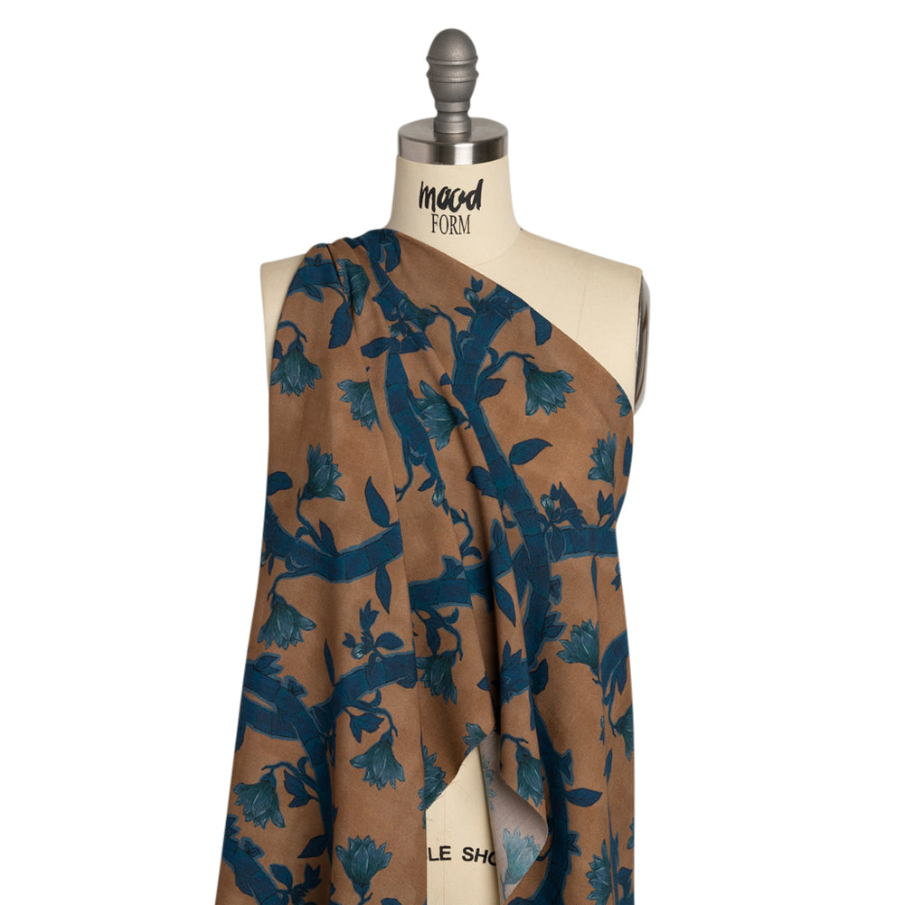 Sustainable Viscose Crepe Print - Blue and Brown Floral Ogee Lattice - Mood Exclusive Intertwined Vines - Joann Fabrics