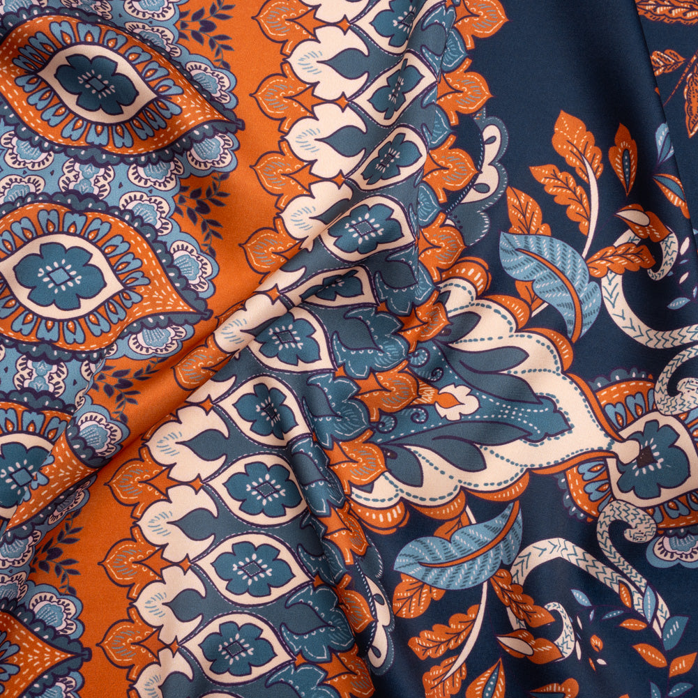 Stretch Polyester Charmeuse - Navy, Muted Teal and Orange Jacobean Florals - Designer Deadstock - Joann Fabrics