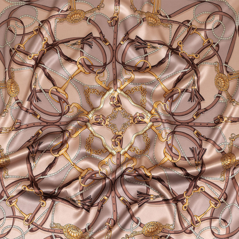 Mood Exclusive Italian Beige, Taupe and Gold Bridles and Reins Silk Charmeuse Panel - Joann Fabrics