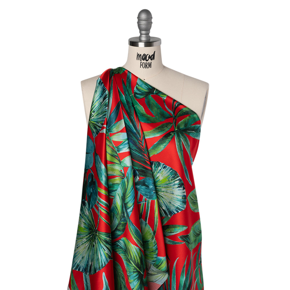 Silk Charmeuse Print 16MM, Made in Italy - Red and Green Tropical Leaves - Joann Fabrics