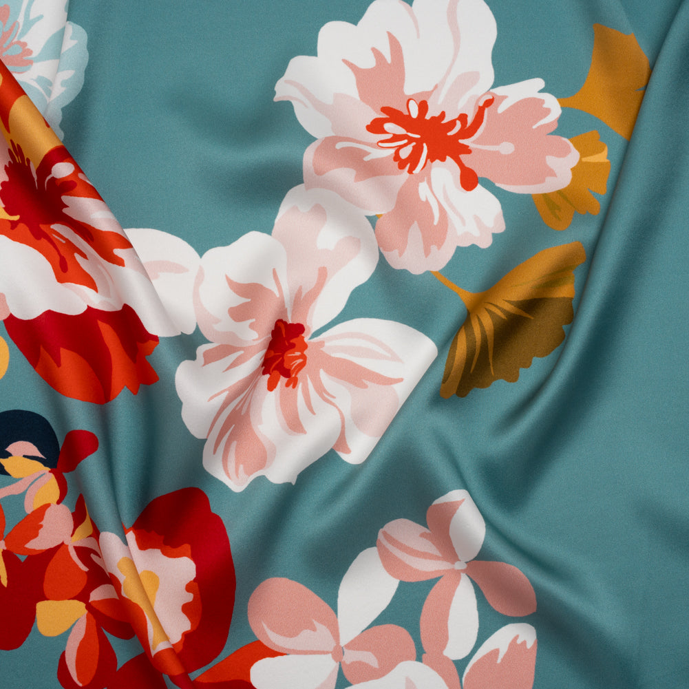 Silk Charmeuse Print 16MM, Made in Italy - Muted Blue, Red and Black Big Floral Border - Joann Fabrics