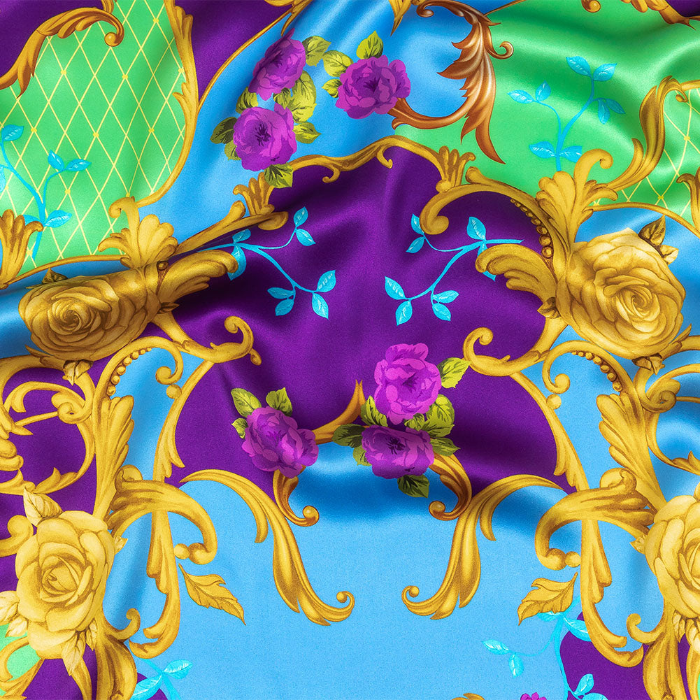 Mood Exclusive Italian Royal Purple, Blue and Gold Rose Filigree Silk Charmeuse - Joann Fabrics