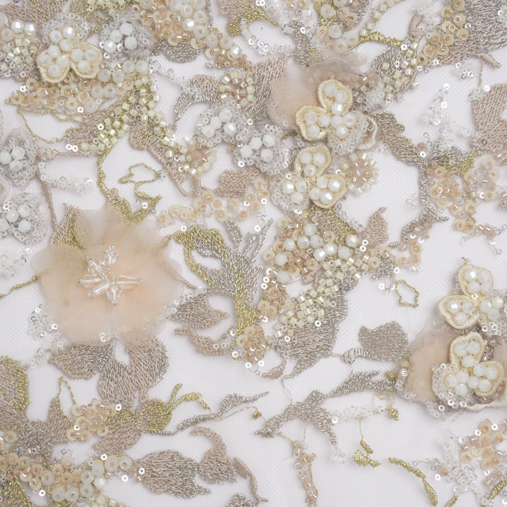 Embroidered and Beaded Tulle with 3D Satin Flowers - Taupe, Lemon and White Flowering Branches - Joann Fabrics