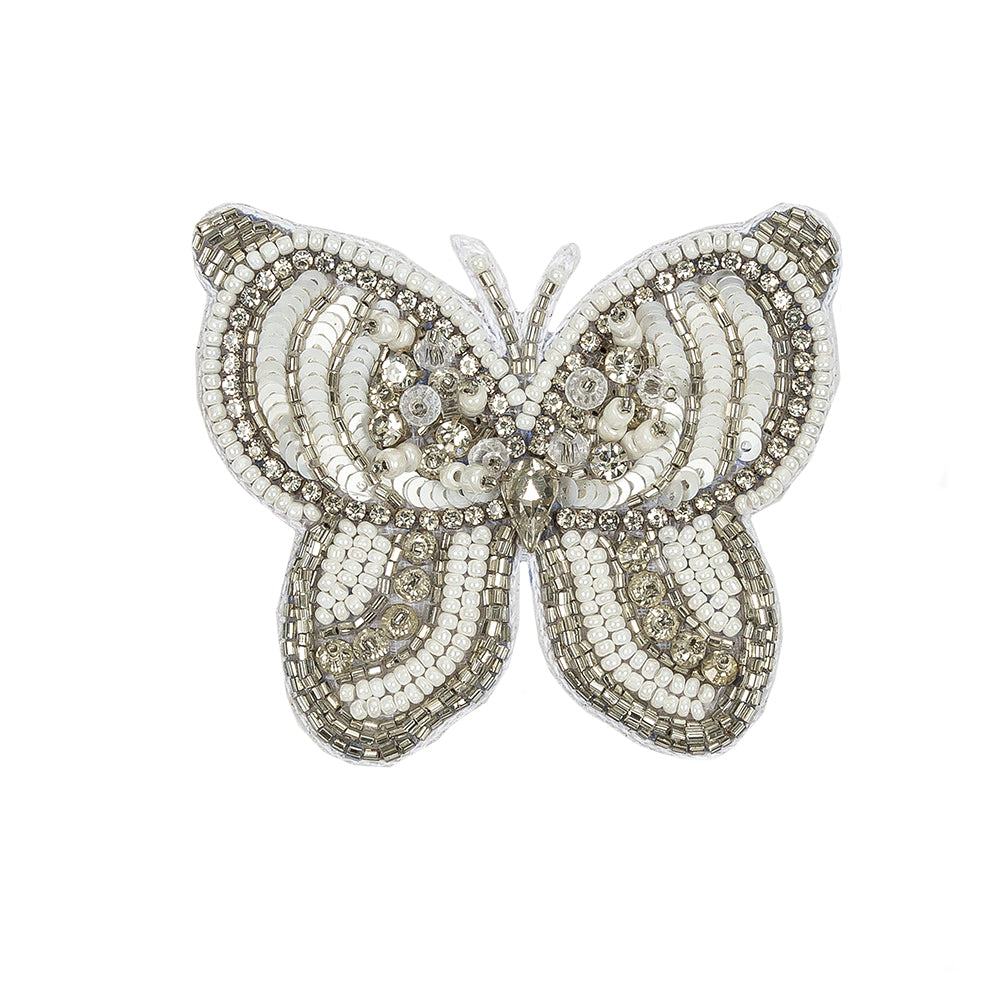 Silver and White Butterfly Rhinestone and Glass Beaded Applique - 2.375