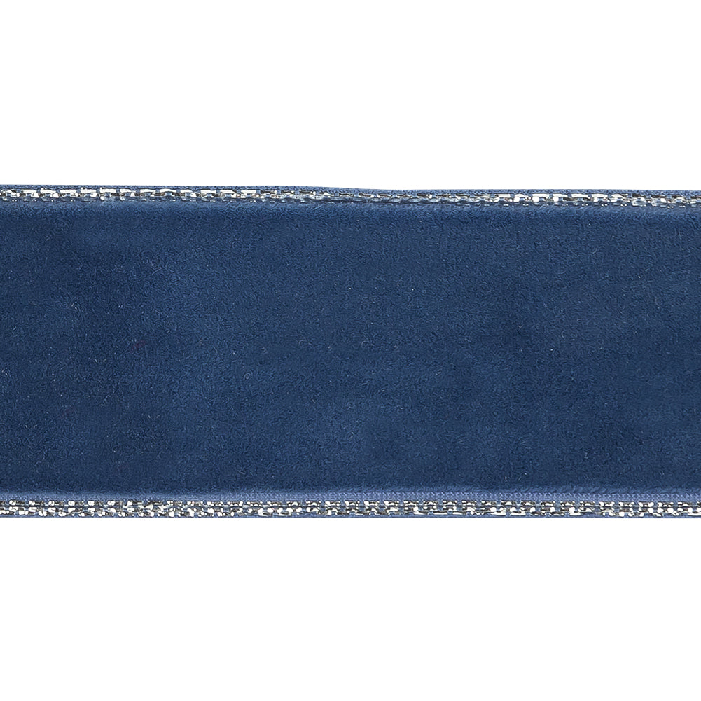 Navy Peony and Silver Metallic Lined Velvet Ribbon - 1