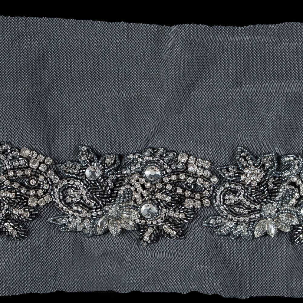 Pewter Gray Fancy Beaded Floral Rhinestone Trim - 2.5
