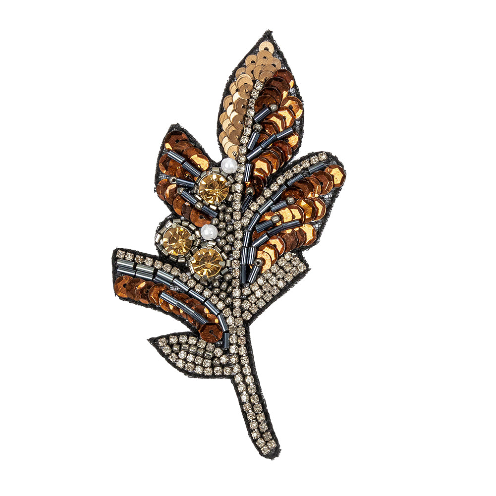 Copper and Gunmetal Leaf Rhinestone and Glass Beaded Applique - 4.5