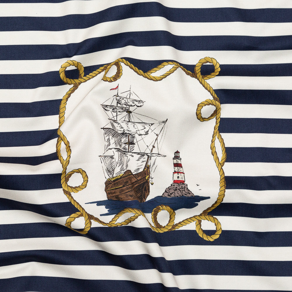 Stretch Cotton Sateen Panel - Navy and Gold Stripes and Ropes - Lighthouse Adventures Print - Mood Exclusive St. Tropez Collection - Joann Fabrics