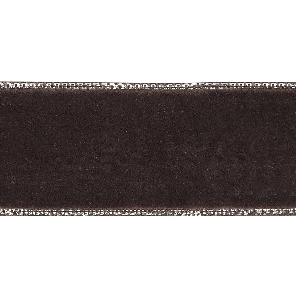 Chocolate Plum and Silver Metallic Lined Velvet Ribbon - 1