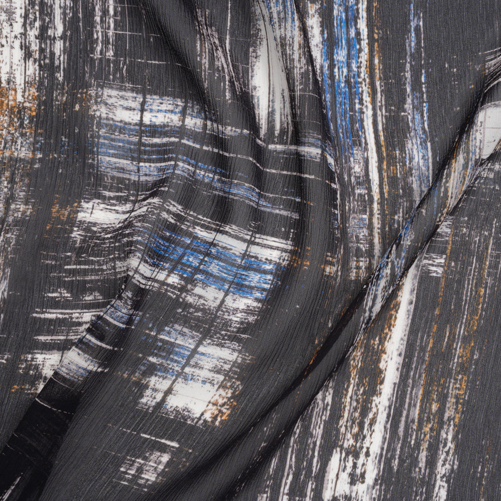 Crinkled Silk Chiffon Print - Black, Blue and White Brushy Plaid - Deadstock - Joann Fabrics