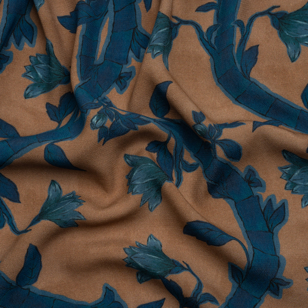Sustainable Viscose Crepe Print - Blue and Brown Floral Ogee Lattice - Mood Exclusive Intertwined Vines - Joann Fabrics