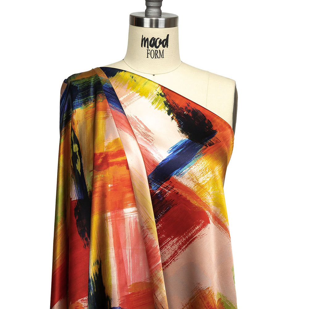Mood Exclusive Italian Ivory, Red and Black Iris Painterly Abstraction Silk Charmeuse - Joann Fabrics