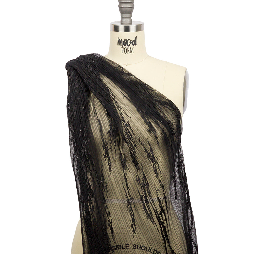 Embroidered Soft Pleated Tulle with Clear Baby Sequins - Black Abstract - Linden Collection - Joann Fabrics