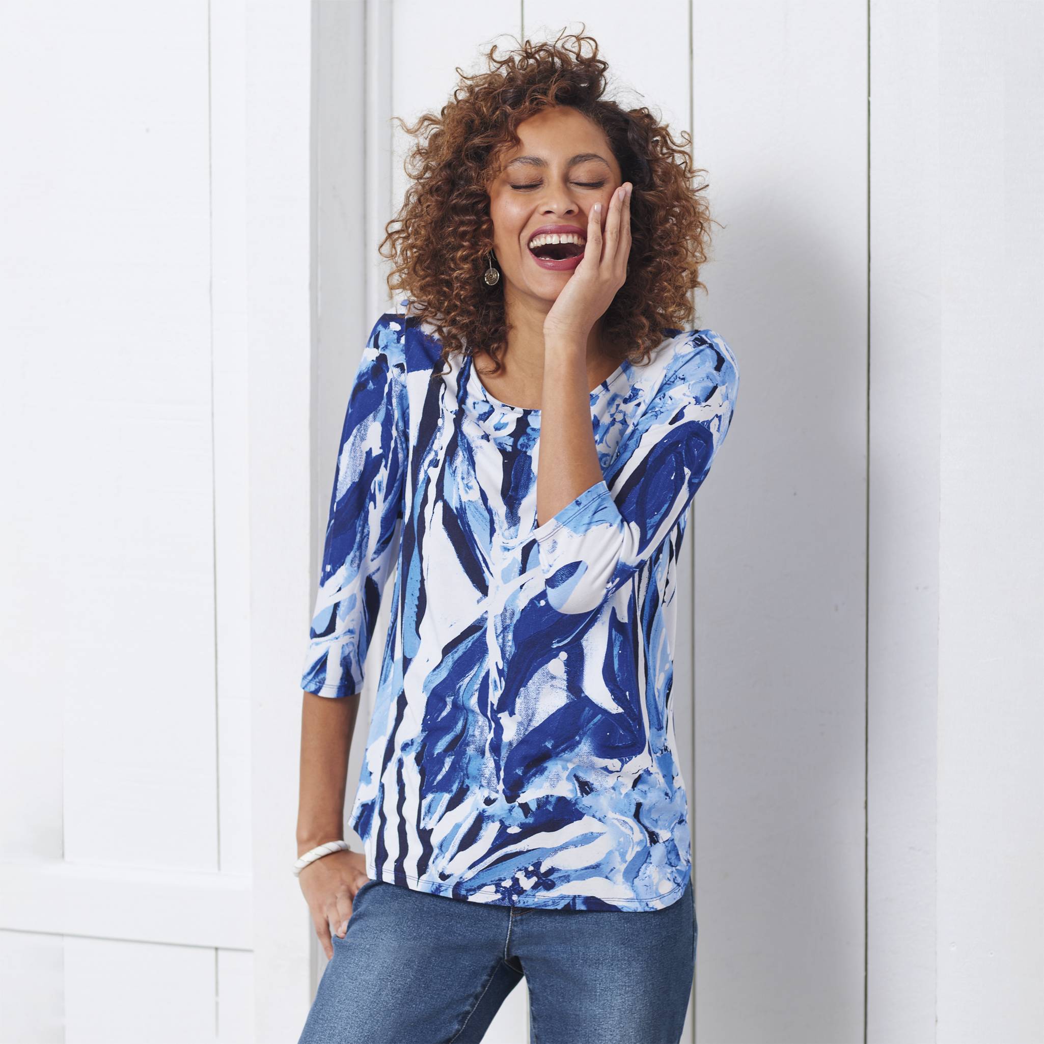 Claire Desjardin Cool Blue Top, 3/4 Sleeves, Curved Hem - Northstyle Catalog