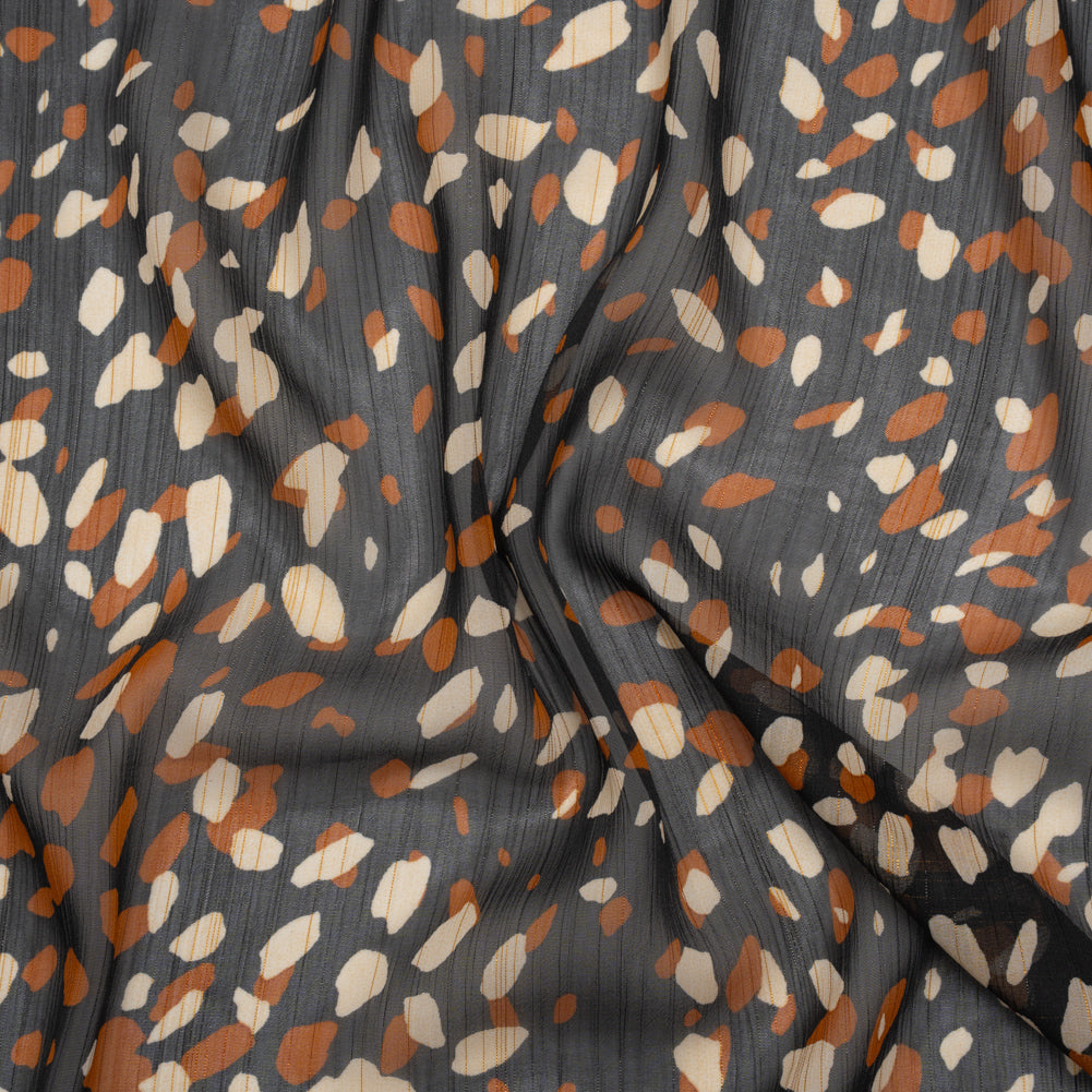 Crinkled Polyester Chiffon with Metallic Gold Pinstripes - Black, White and Tan Spots - Designer Deadstock - Joann Fabrics