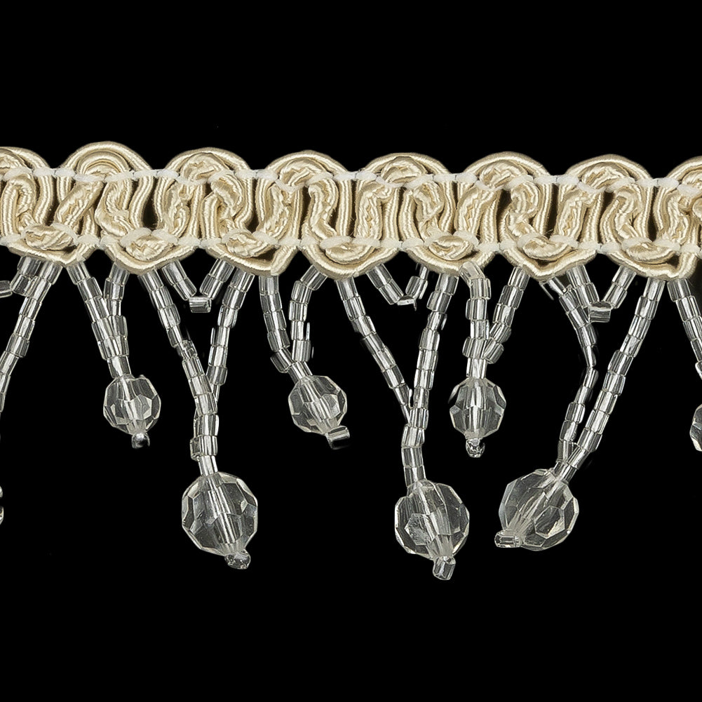 Vintage Crystal Faceted Round and Chop Beaded Fringe on Ivory Braid - 1.75