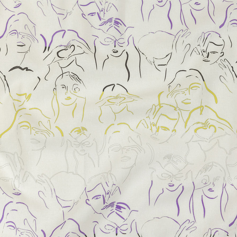 Linen and Rayon Woven - Purple, Yellow and Black Faces and Hands - Language of Love Print - Mood Exclusive Pride Collection - Joann Fabrics