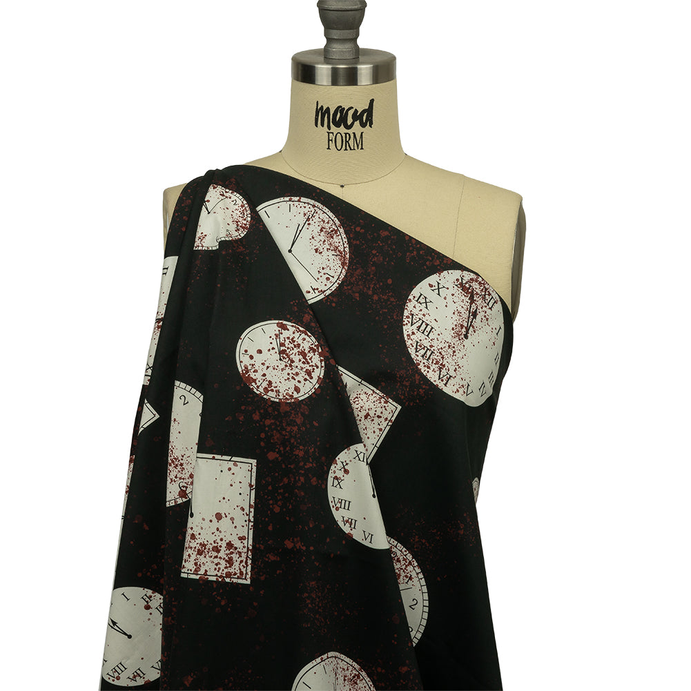 Stretch Cotton Poplin - Clocks and Blood Splatter - The Masque Print - Mood Exclusive Nevermore Collection - Joann Fabrics